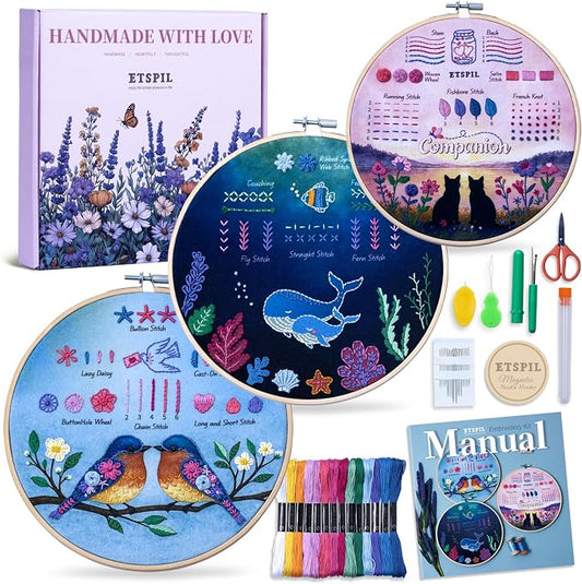 ETSPIL Beginner Embroidery Kit for Adults, Full-Color Print, 4K Video | Pre-Printed, Skip Filling. Bound Stitch Book, Step Manual. Needle Minder, Storage Tube. Weekend Project, Gift for Women