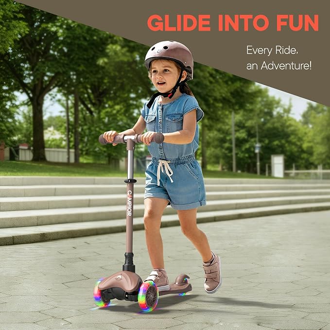 Brown Mini 3 Wheel Scooter for Kids – Lean-to-Steer with LED Light-Up Wheels, Adjustable Handlebar, Wide Anti-Slip Deck, Smooth PU Wheels, Rear Foot Brake – Toddler Scooter for Ages 2+