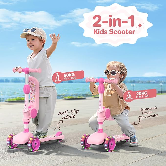 TONBUX Kids Scooter with Seat, 3 Wheels Scooter with PU Luminous Wheels, Non-Slip Handle and Wide Deck, Sensitive Brakes, 4-Level Adjustable Height, Scooters for Kids 2–8 Years