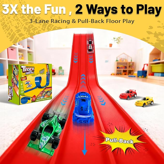 3-Lane Flexible Race Track for Kids - 20FT Flex Race Car Ramp Track with Strong Suction Cups, Rolls Up Portable DIY Racetrack Compatible with Hot Wheels & Diecast 1/64th Cars