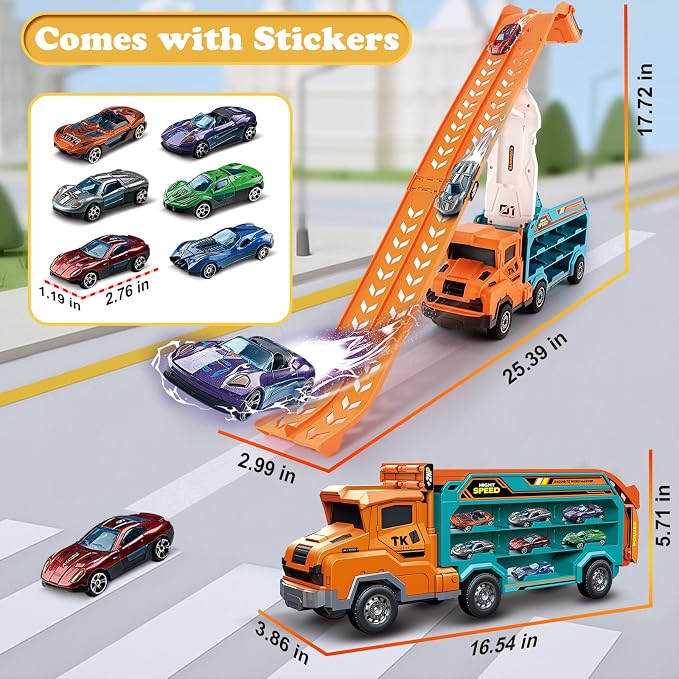 Toddler Car Truck Toys,Car Carrier Truck Toy for Kids Age 3-5 4-8,Foldable Car Track Sets with 2.8-Ft Race Track and 6 Die-Cast Race Cars, Truck Toys Gifts for 3 4 5 6 7 8+ Year Old Boys Girls(orange)