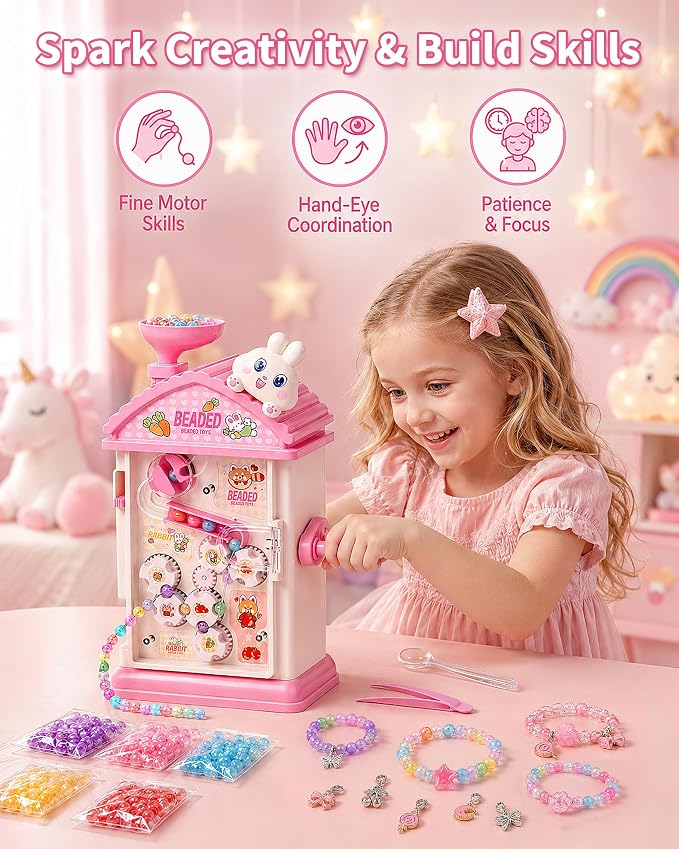STACTCUTE 820Pcs Beads Bracelet Maker Machine for Girls 6-12, DIY Charm Jewelry Making Kit Makes up to 60 Bracelets, Mess-Free Arts and Crafts Bunny Toy, Friendship Gifts for Kids 6 7 8 (Pink)