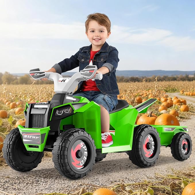 OLAKIDS 6V Kids ATV with Removable Trailer, Forward Backward Function, Widened & Wear-Resistant Wheels, Ride On Toy for Toddlers (Green)
