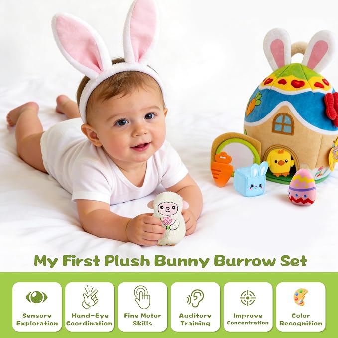 Baby Toys 6-12-18 Months - My First Plush Bunny Burrow with Stuffed Animals, Rattle, Crinkle, Teether, Montessori Sensory Toys for Babies Toddlers 1-3, Baby Block Stacking Toy for Boys Girls Gifts