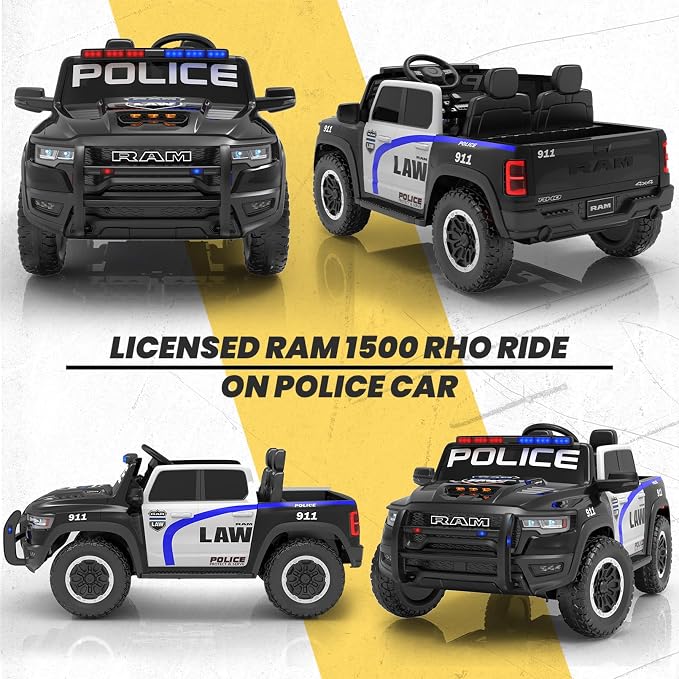 24V Ride On Police Car for Kids, Licensed RAM 1500 2 Seater Electric Police Truck with Remote Control, Siren, Megaphone, Flashing Lights, 180W Motor, Suspension, Bluetooth, Storage Bed, Black