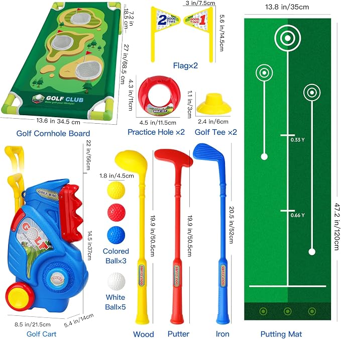 Toddler Golf Set for Boys Girls 2 3 4 Years Old, Upgraded Kids Golf Cart with Putting Mat & Cornhole Board, Outdoor Indoor Sports Toys, Blue