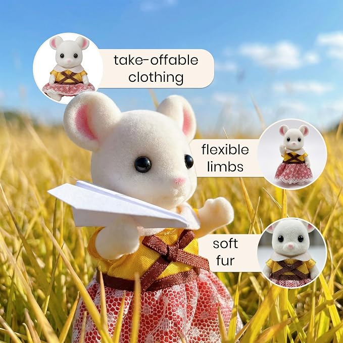 Family White Mouse Figures — Set of 2 Collectible Flocked Mini Dolls with Removable Clothes, Dollhouse Pretend Play Set for Kids Ages 3+