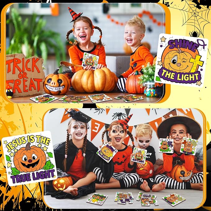 Realspring 24 Pack Christian Pumpkin Color Your Own Halloween Jigsaw Puzzles for Kids 3-5, 4-6, 6-8, Christian Pumpkin Crafts DIY Coloring Paper Jigsaw Halloween Party Favors Goodie Treat Gift