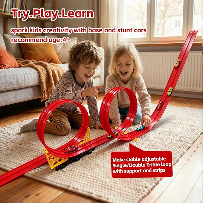 16.5 Ft Flexible Race Track for Kids, Portable DIY Roll-Up Racetrack Set Compatible with Diecast 1/64th Cars - Includes 8 Racing Cars & Super-Grip Gravity Ramp, Birthday Gift for Boys Girls 3-8, Red