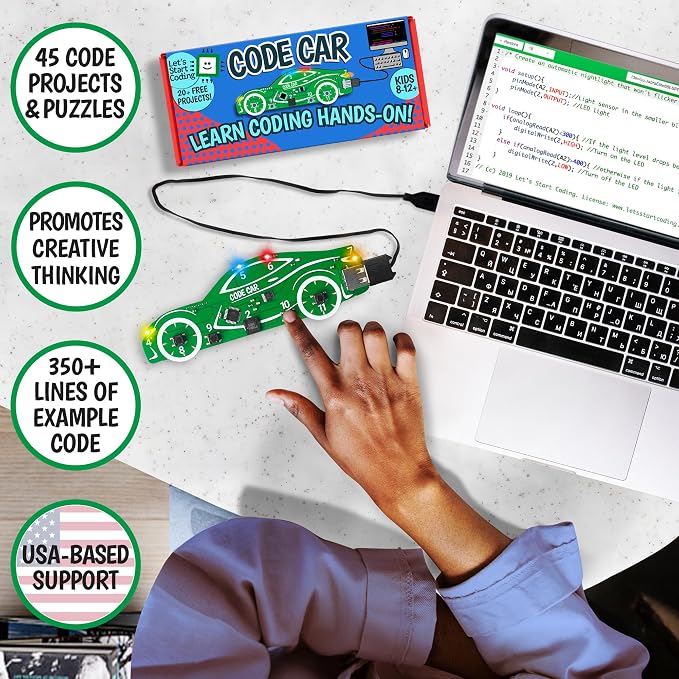 Code Car Kids Coding Toy for Kids 8-12+ and Teens; Learn Typed C++ Coding with Hands-On Electronics & 20+ Projects Including Custom Siren, Honk The Horn, and Reverse Alarm