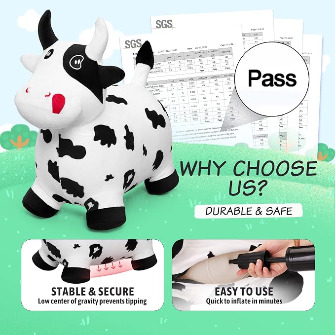 Bouncy Hopper Horse Cow Toys, Inflatable Bouncing Animal Hopping Toys, Outdoor Indoor Ride on Bouncer, Boys Girls Birthday Gift for 18 Month 2 3 4 5 6 Year Old Kid- Plush Cow Toy