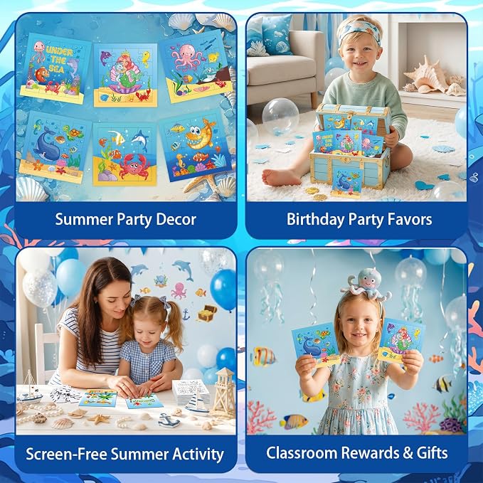 Fennoral 24 Pack Summer Crafts for Kids Bulk Color Your Own Under The Sea Jigsaw Puzzle with Base Design DIY Coloring Arts and Crafts Classroom Gifts Under the Sea Theme Party Favors,4.7inch