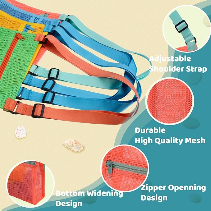 MUYIZI Mesh Beach Bag for Shells Collecting 4 Pack,Shell Bags for Beach,Sea Shell Bags for Picking Up Shells,Beach Shell Bag for Kids, Sand Toys,Beach Toys Swimming Accessories for Boys and Girls