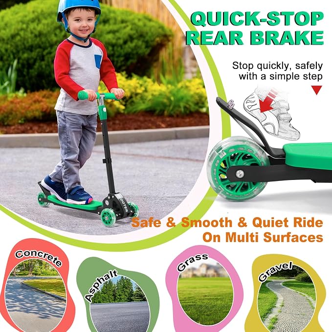 Scooter for Kids 3-5 5-7,Light up 3 Wheels Kick Scooter,Heavy Duty Folding Lean-to-Steer Scooters with 3 Adjustable Handlebar for Boys Girls,Widen Anti-Slip Deck,Rear Break,Holds up to 150Lbs
