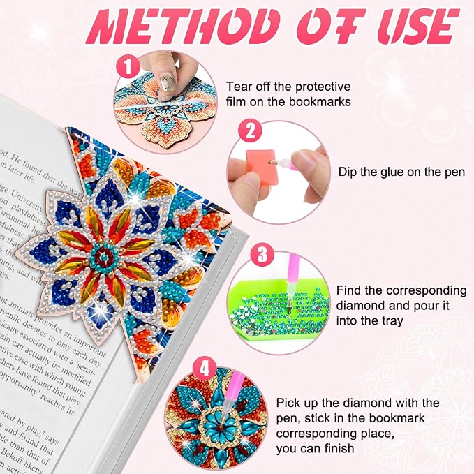 WIVICO 4 pcs Diamond Painting Bookmarks, DIY Diamond Art Kits for Adults, Book Corner - Protecting Bookmark Craft Supplies Kits for Book Lovers(Mandala C)