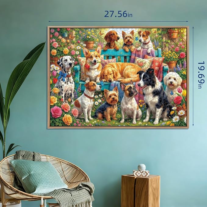 Garden Dogs Gathering Puzzles for Adults 1000 Pieces,Impossible Challenging Jigsaw Puzzles for Adults,Colorful Floral Puppy Party Art,Friends Family Activity Game Nights Gifts(27.6" x 19.7")