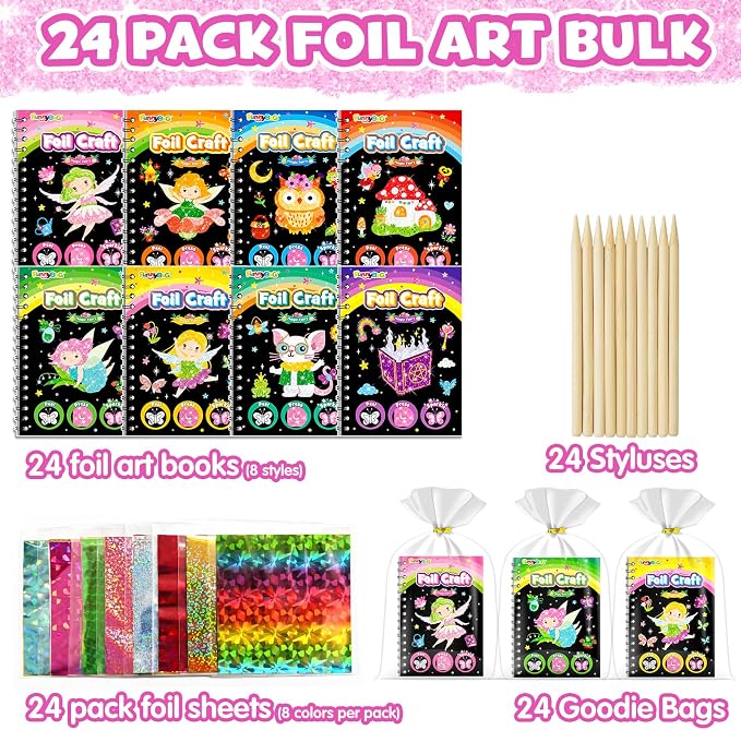 FUNNYB&G Foil Art Party Favors for Kids - 24 Pack Foil Art Crafts Kits Coloring Books, Goodie Bag Stuffers Party Favors for Kids 4-8 8-12, Bulk Birthday Classroom Prizes Girls Boys Gifts (Fairy)