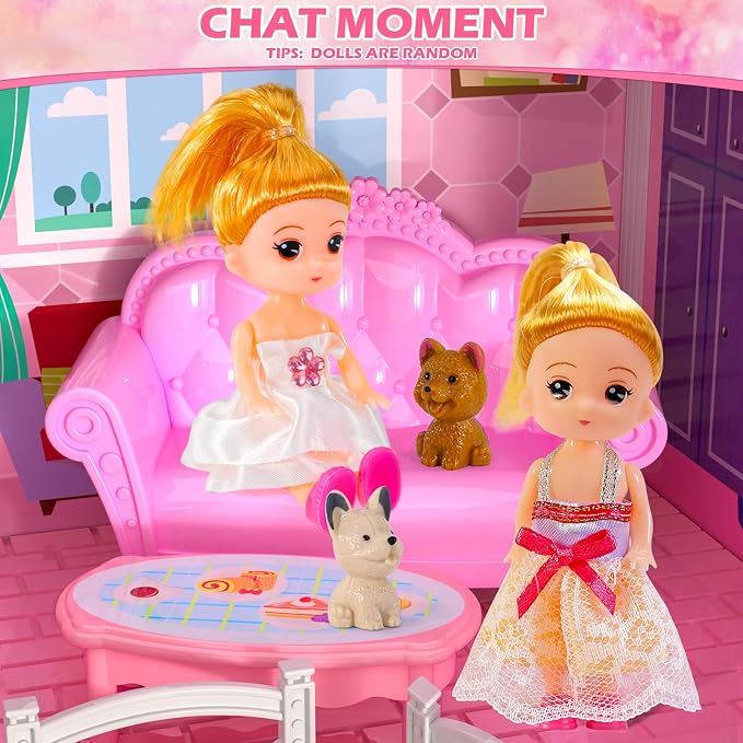 Dollhouses for Girls, Housetoys with Furniture, 4 Floor 10 Rooms DIY House Slide Accessories, Toddler Playhouse with 2 Princesses, Toys for for 3 4 5 6 7 8 9 10 Year Old Girls