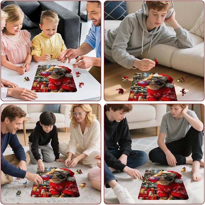 MEATRN Christmas Hat Cat Jigsaw Puzzles - 490 Pcs Handmade Wooden Puzzle with Unique Shapes, Stress Relief & Educational Fun, Family Game Night 13.4×18.3 Inch, Best Gift for Friends