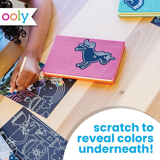 Ooly Scratch & Scribble Travel Crafts for Kids – 1pc Art Kit, Portable Car & Airplane Activity, 8 Scratch Cards + Wooden Stylus + Stickers, Ages 6+ – Unicorns