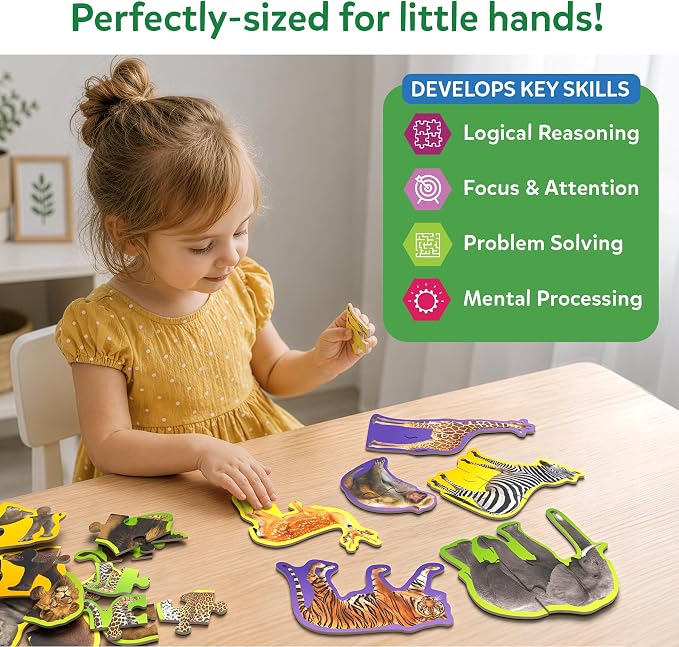 Skillmatics Step by Step Puzzles - 40 Piece Jigsaw & Toddler Puzzle, Montessori Educational Toy for Boys & Girls, Wild Animals, Travel Friendly, Gifts for Kids Ages 3, 4, 5 and Up