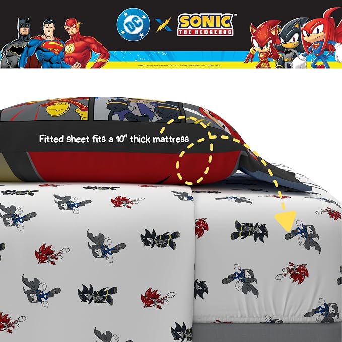 DC x Sonic The Hedgehog Kids Bedding Set, Twin Size, 4-Piece Super Soft Cozy Reversible Comforter & Sheet Set (Officially Licensed Product) by Franco
