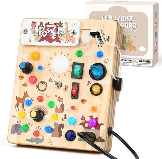 LED Busy Board for Toddlers 1-3,Montessori Toy with Key Switch, Light Up Wood Activity Sensory Board for Fine Motor Skills, Educational Travel Toy Gift for 1 2 3 Year Old Boys Girl