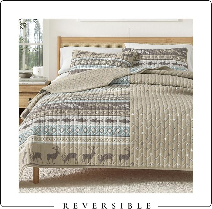 Great Bay Home Lodge Quilt Set - 2-Piece Twin/Twin XL Size Rustic Bedding Set - Lightweight, All-Season, Reversible Bedspread (Rustic Lodge Stripes)