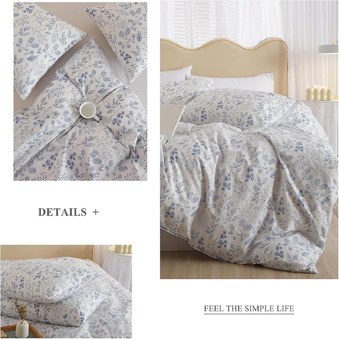 Queen Comforter Set White Blue Floral Bedding Comforter Set Queen Vintage Style Garden Floral Comforter Set for Girls Botanical Flower Comforter Set for All Seasons 1 Boho Comforter with 2 Pillowcases
