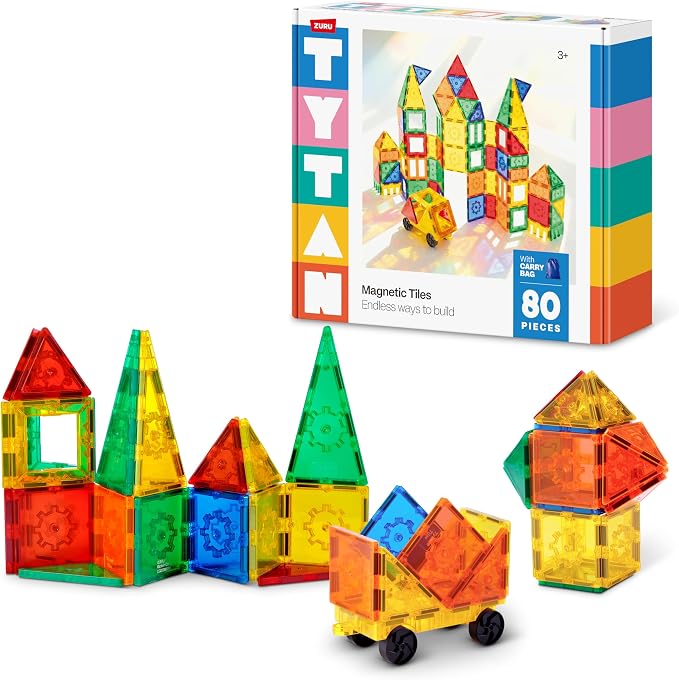 Tytan Magnetic Tiles 80-Piece Building Set by ZURU – Colourful STEM Construction Toy with Strong Snap-Fit Tiles for 2D and 3D Play, Includes Carry Bag, for Kids Ages 3+
