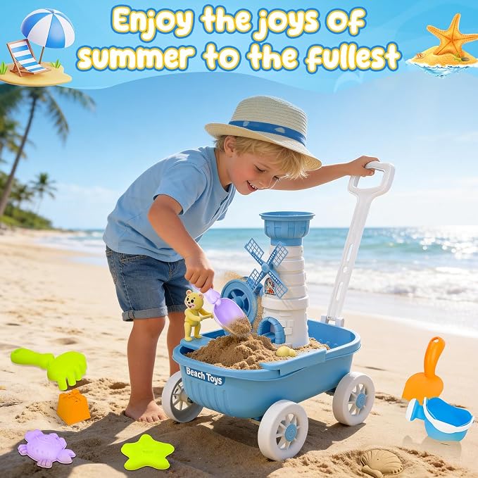 deAO Beach Toys for Kids 21 Pcs Sand Toys Set Includes Wagon Water Wheel Beach Tool Kit Watering Can Molds Summer Gifts for Toddlers Ages 3-8