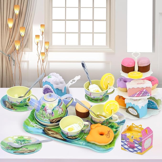 Tea Party Set for Toddlers 3-5, 50PCS Horse Tin Tea Sets for Little Girls with Metal Teapot, Cake Stand, Desserts & Carrying Case, Kids Kitchen Pretend Play Birthday Gift for Girls Age 3 4 5 6 7 8