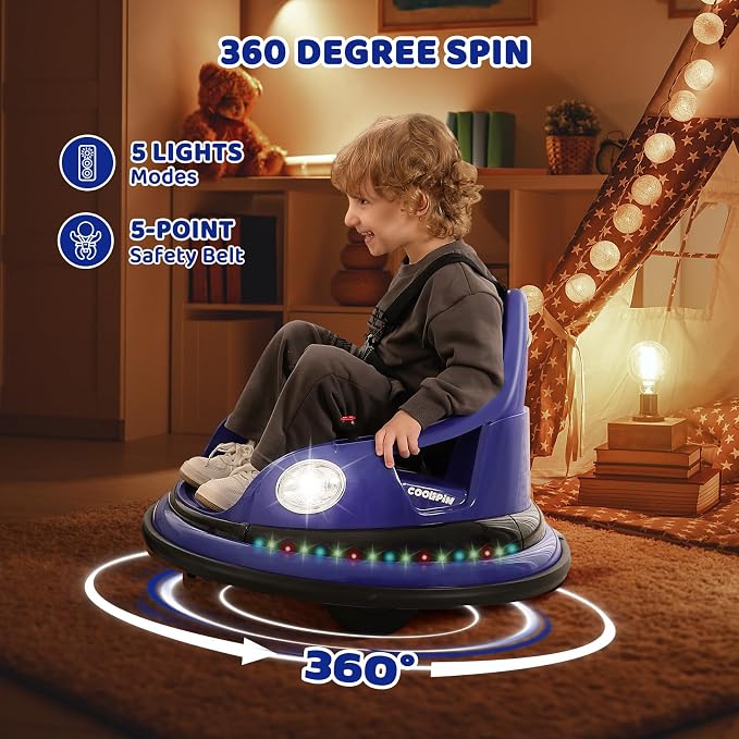 ELEMARA Electric Bumper Car for Kids, 12V Electric Car for Toddlers, 1.9MPH Max, Battery Car for Kids with Parent Remote, 2-Speed, 2 Driving Mode, 360°Spin, Music, 5 Lighting Mode, DIY Stickers-Navy
