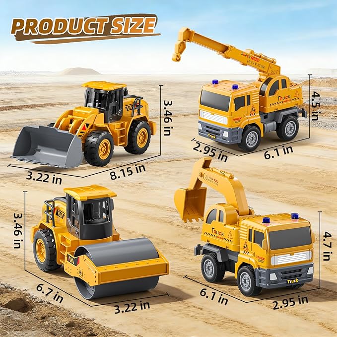 KukuFun 4-Pack Construction Truck Toys for Toddlers Boys 2-4 3-5 Years Old, Sand Toy Trucks Bulk for Sandbox with Excavator, Outdoor Kids Play Truck Vehicle Set for Ages 1 2 3 4 5 Toddlers Gifts