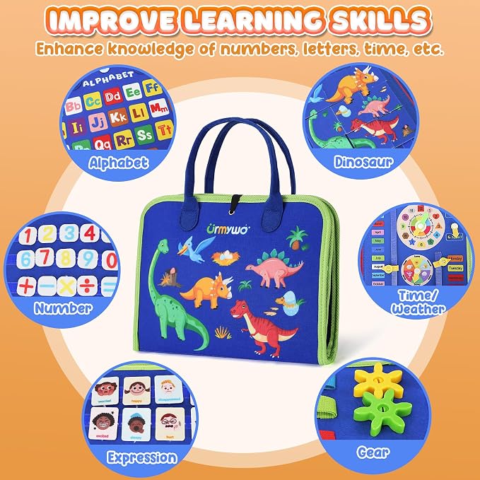 URMYWO Toddler Busy Board - Busy Book Montessori Toys Ages 3 and up - Preschool Learning Activities with Alphabet Number Animal, Educational Travel Toys Birthday Gifts for Kids