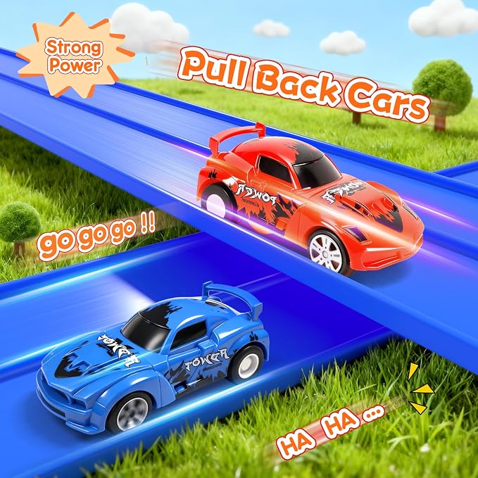 KETIEE Flex Tracks 16 Ft for Kids, Flexible Race Car Ramp Track with 2 Small Racecars and 4 Suction Cups Compatible with Diecast 1/64th Cars,Rolls Up Portable Racetrack for Ages 3 & Up