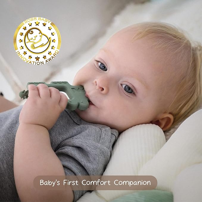 Moonkie Teething Toy, Safe & Easy to Hold BPA Free Silicone Baby Soothing Teethers, Prevent Finger Sucking Teether Toys Best for Babies 0-6 6-12 Months (Crocodile Sage)