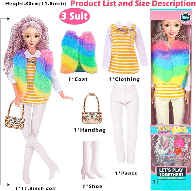 6 Pack Fashion 11.5 inch American Toy Prinecess Dolls Playset with Outfits Dress Design and Accessories Like Handbag Hat Crown Necklace Suitcase (Gift Box Package)