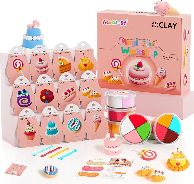 Aestd-ST Air Dry Clay Kit - Cake Themed, Modeling Clay for Kids, Dessert DIY Magic Clay with Tools and Tutorials, 12 Boxes Molding Clay, Soft & Non-Sticky, Arts and Crafts Gifts for Kids