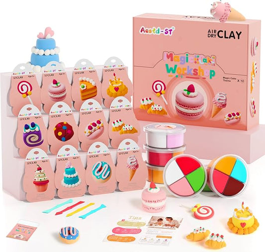 Aestd-ST Air Dry Clay Kit - Cake Themed, Modeling Clay for Kids, Dessert DIY Magic Clay with Tools and Tutorials, 12 Boxes Molding Clay, Soft & Non-Sticky, Arts and Crafts Gifts for Kids