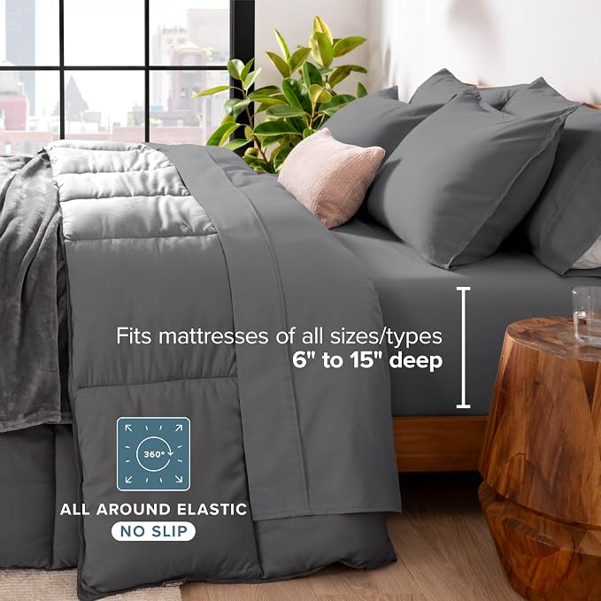 Bare Home Bed-in-A-Bag 7 Piece Comforter & Sheet Set - King - Goose Down Alternative - Ultra-Soft 1800 Premium Bedding Set (King, Grey/Grey)