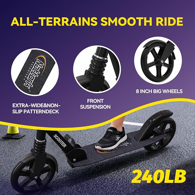 Nattork Kick Scooter for Age 6+ Kids Teens Adults, Max Load 240 LBS, Adjustable Height Foldable with 8" Large Wheels, Anti-Shock Suspension