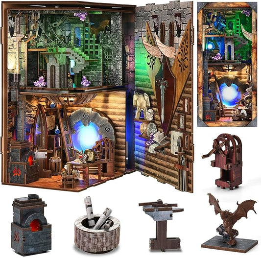 CCCDF DIY Book Nook Kit, DIY Miniature Dollhouse Booknook Kit, 3D Wooden Puzzle Bookend Bookshelf Insert Decor with LED Light for Teens and Adults (Blade and Magic)