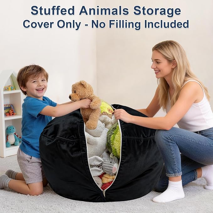 Lukeight Stuffed Animals Storage Bean Bag Chair Cover for Kids and Toddlers, Cozy Velvet Plush Toy Organizer Seat, Cover Only, No Filling Included, Long YKK Zipper, Side Pocket, Large 27 x 16 in