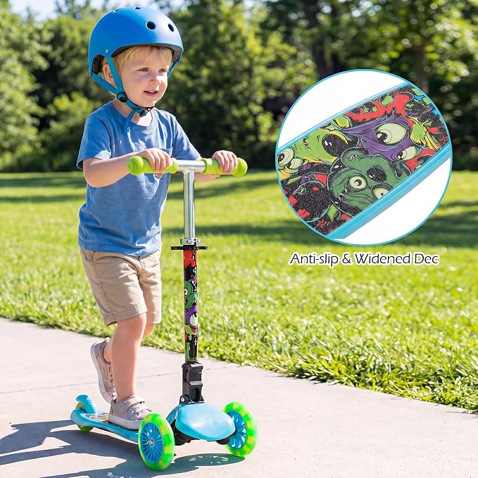 OLAKIDS Kids Kick Scooter with LED Front Wheels, 3-Level Adjustable Handlebars, Lean-to-Steer Design, Rear Foot Brake, Wide Anti Slip Deck, 3-Wheel Scooter for Kids Ages 2-5
