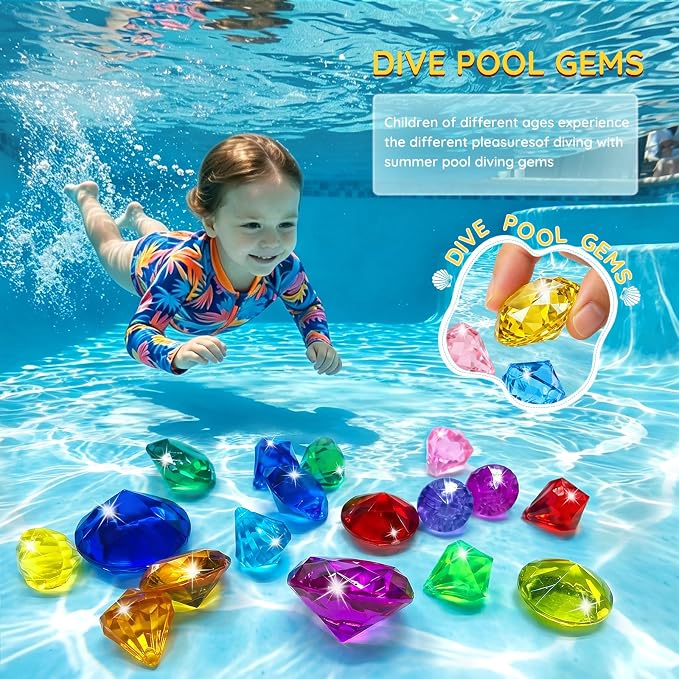 Swim Diving Games Pool Toys 17PCS Big Colorful Diamond Toy with Treasure Box Chest Summer Underwater Gemstone Outdoor Water Accessories for Kid Age 5 6 7 8 9 10 11 12 Year Old Girl Boy Stuff Fun Gift