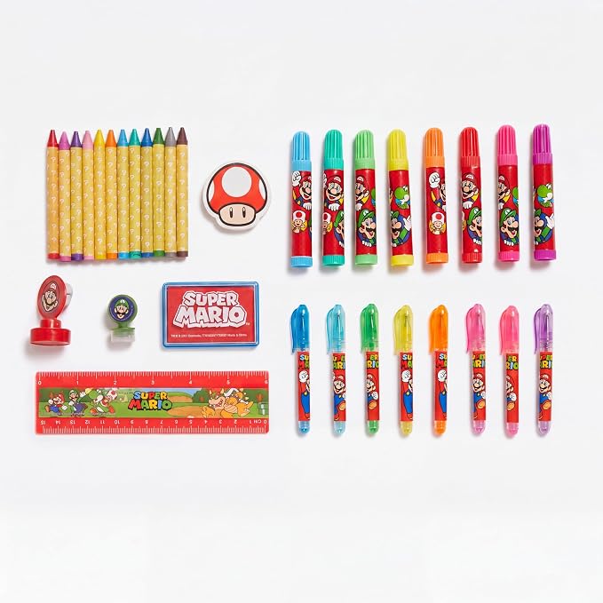 Innovative Designs Mario Brothers Super Mario Deluxe Activity Set with Carrying Tin, Coloring Sheets, Tattoos, Stickers, & Art Supplies | Super Mario Brothers Activity Kit with Mario Coloring Sheets, Stickers, Tattoos, Markers, Crayons, Gel Pens & Carr...