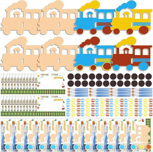 Seenelling 24 Set Train Birthday Party Favor Craft Include 24 Pcs DIY Wooden Painting Art Kit 24 Pcs Magnets 24 Gift Card 24 Wood Coloring Paint Gift 24 Transparent Bags Bulk for Classrooms Supplies