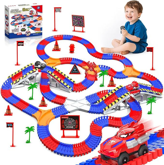Spider Race Track Toys for Kids, Monster Truck Gifts for Ages 3 4 5 6 7 8 with 2 Cool Spider Cars and Flexible Train Tracks, Toddler Train Set for Boys Girls's Christmas Birthday Presents (250Pcs)