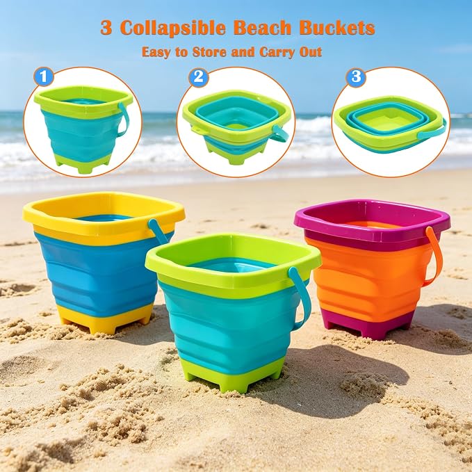 Beach Toys Essential Set for Kids 3-10, Collapsible Sand Bucket Set with 3 Shovels, 6 Sand Molds and Large Mesh Bag, Sand Toys for Beach, Sandbox Travel Toys for Toddlers Kids